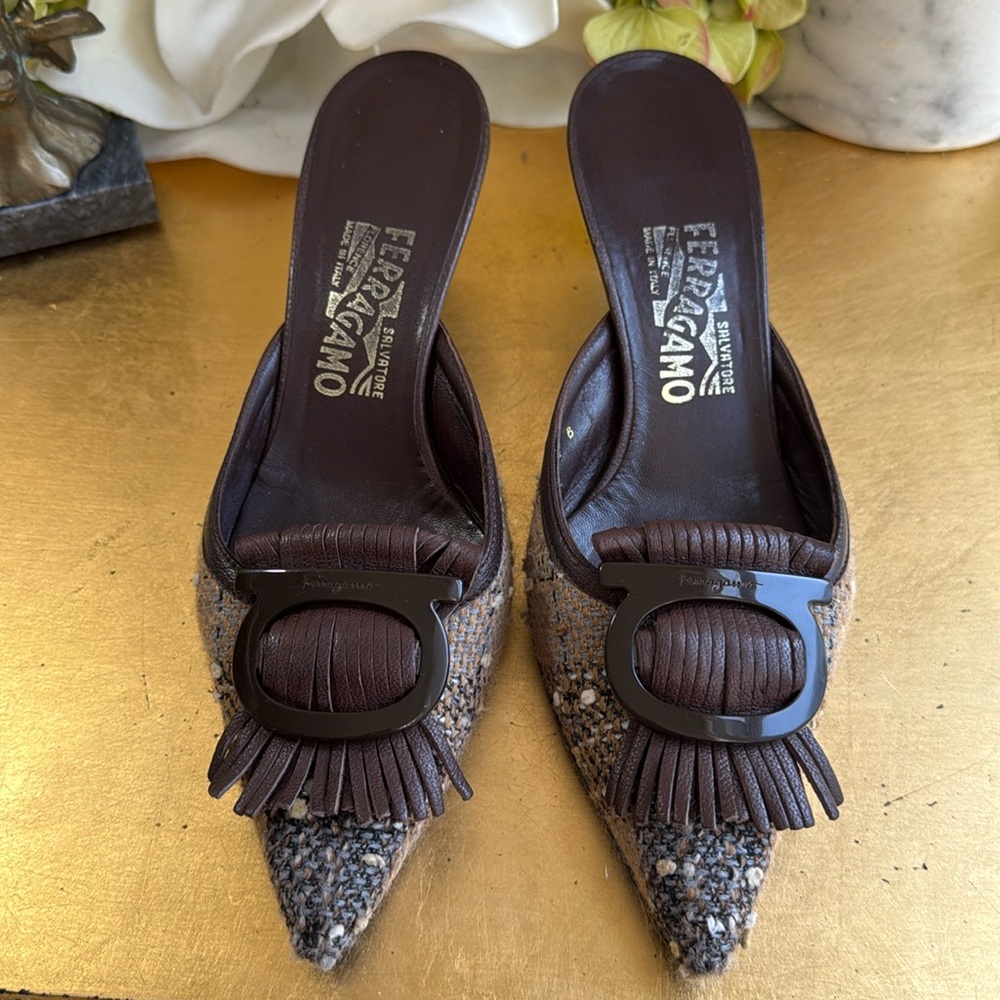 Salvatore Ferragamo Tasseled Gancini Bit Heeled Mules in Tweed and Brown Leather